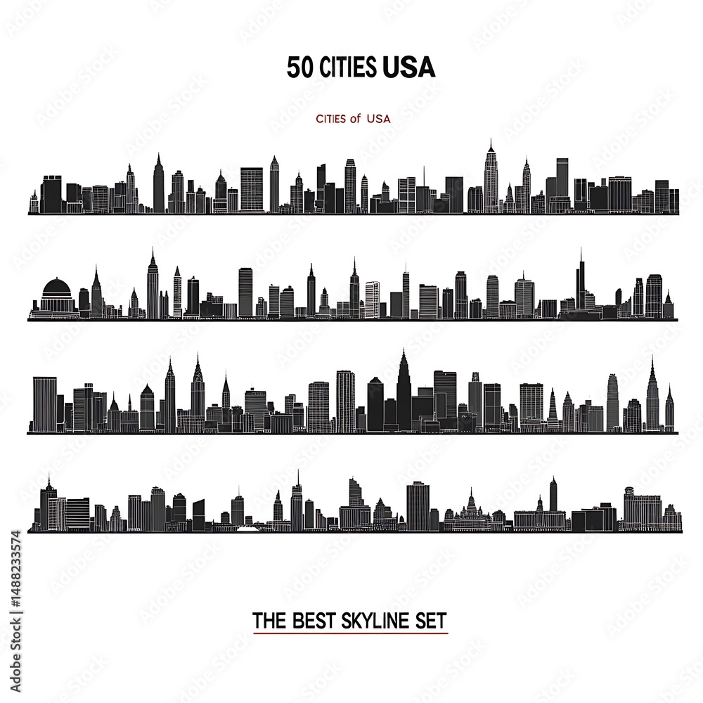 Fototapeta premium USA Cities Skyline Silhouette on White Background Set. Urban Landscape Design