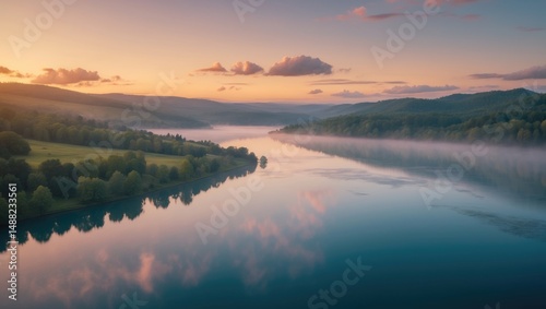 Bird's-eye view of the lake during beautiful twilight hours outdoors. Hiking concept. photo