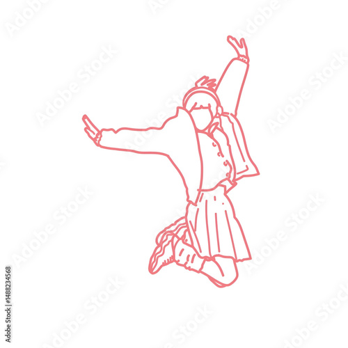 Vector line art of girl jumping with one hand up and sideways style-skateboard icon, modern teen event icon, concert event poster design.