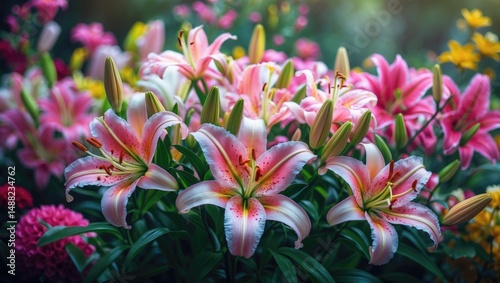 Colorful lily (Lilium) flowers in pink, yellow, and white during a charming blooming festival