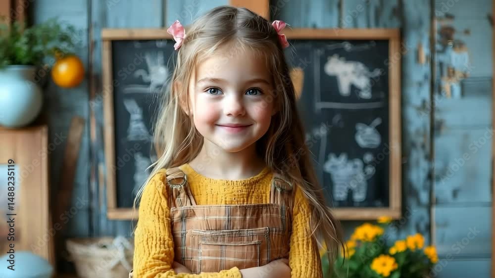 Cheerful girl standing confidently in front of a blackboard filled with animal doodles holding a piece of chalk