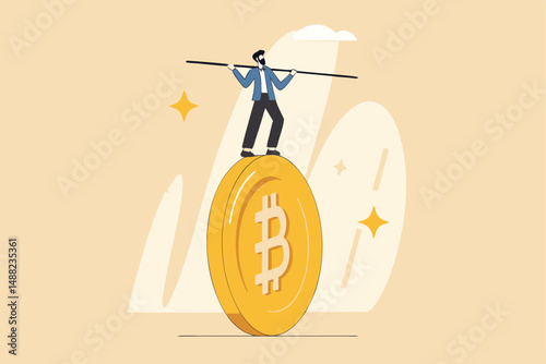 Bitcoin and crypto investment risk, balance between risk and return, cryptocurrency challenge to overcome volatility and make profit concept, businessman investor balancing as acrobat on giant bitcoin