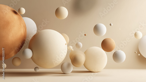 Minimalist 3D abstract with floating spheres and soft shadows on neutral beige background