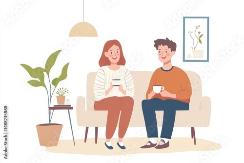 A couple sitting on a sofa in a living room with plants and a picture on the wall having tea