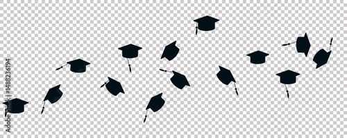 Set of flying graduation caps on transparent background Collection of students toss caps Black white vector illustration.