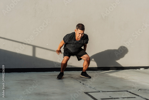 Man in black athletic wear performing a dynamic hindu squat outdoors, building functional strength and cardiovascular stamina at sunrise.