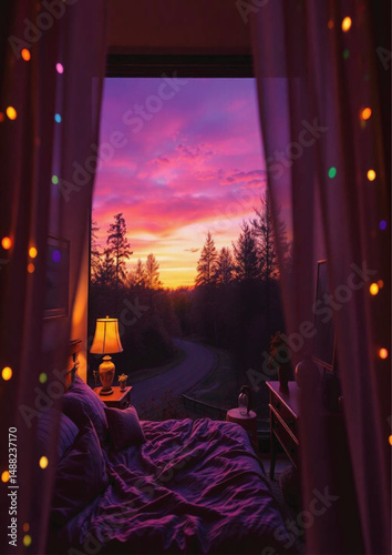 bed with blanket, serene atmosphere, tranquil morning, wi