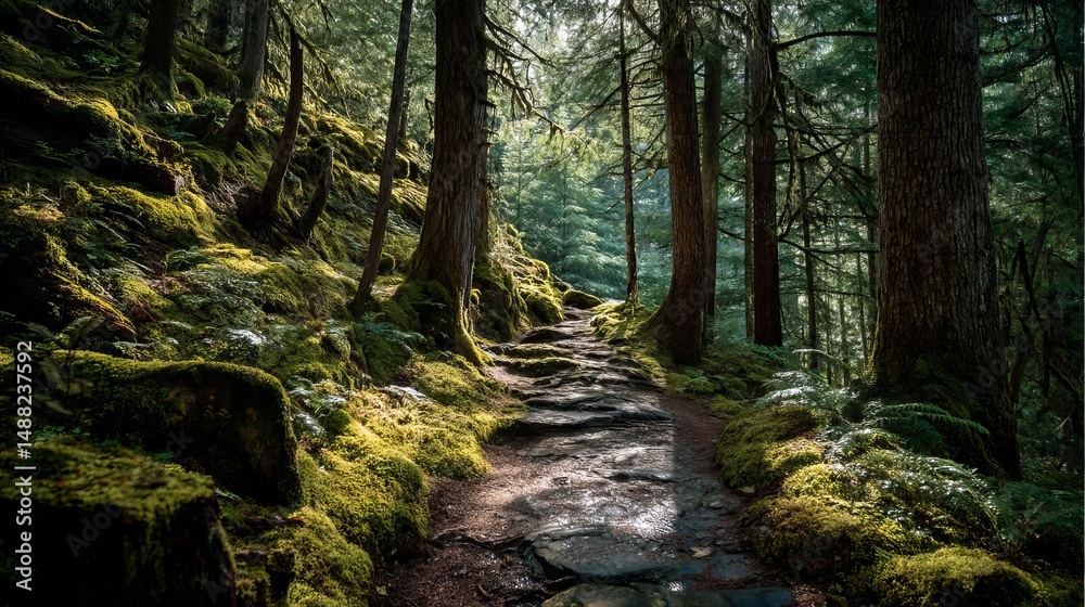 Fototapeta premium Moody Forest Path with Mossy Trees and Soft Light