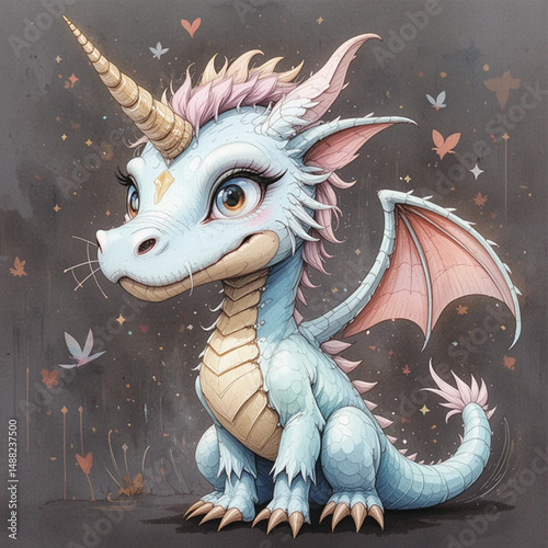 Playful baby dragon with unicorn features standing in whimsical setting  