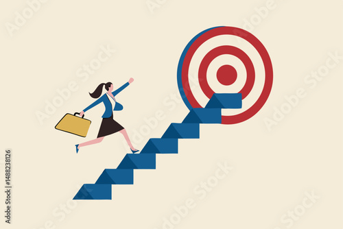 Business progress or career path, step to reach target or business goal, success step or motivation for improvement concept, confidence businesswoman carrying arrow walk up stair to reach target.