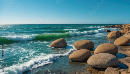 Waves of green hues crashing onto a rocky coastline dotted with large brown boulders under a vibrant blue sky, depicting a sunny ocean and an uninhabited shore
