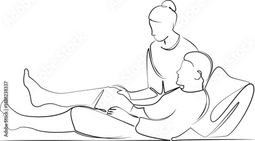 One continuous single drawing line art flat doodle physical therapy, physical therapist, patient, recovery, working, doctor, hospital. Isolated image hand draw contour on a white background, hand draw