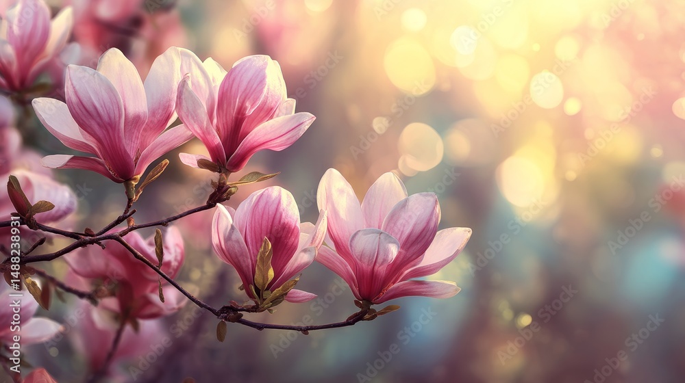 Fototapeta premium Mysterious fairy tale spring floral wide panoramic banner with fabulous blooming pink magnolias flower summer garden on blurred sunny bright shiny glowing background and copy space