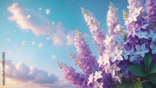 Soft blue sky backdrop with blooming jasmine flowers, symbolizing the gentle onset of spring.
