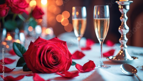 Image depicts a beautiful red rose on an embellished table alongside a glass of sparkling wine and tiny hearts photo