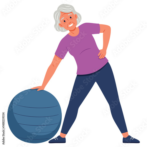 Smiling Older Woman Exercising with a Large Blue Therapy Ball in a Fitness Routine