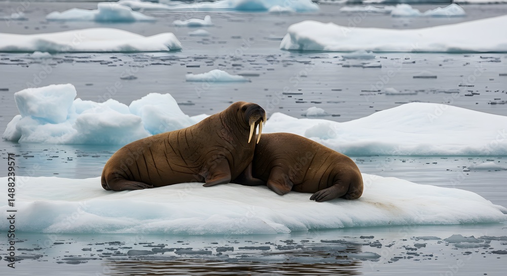 Fototapeta premium Two arctic walruses resting on ice floe wildlife photography in arctic region of the world scene on transparent background