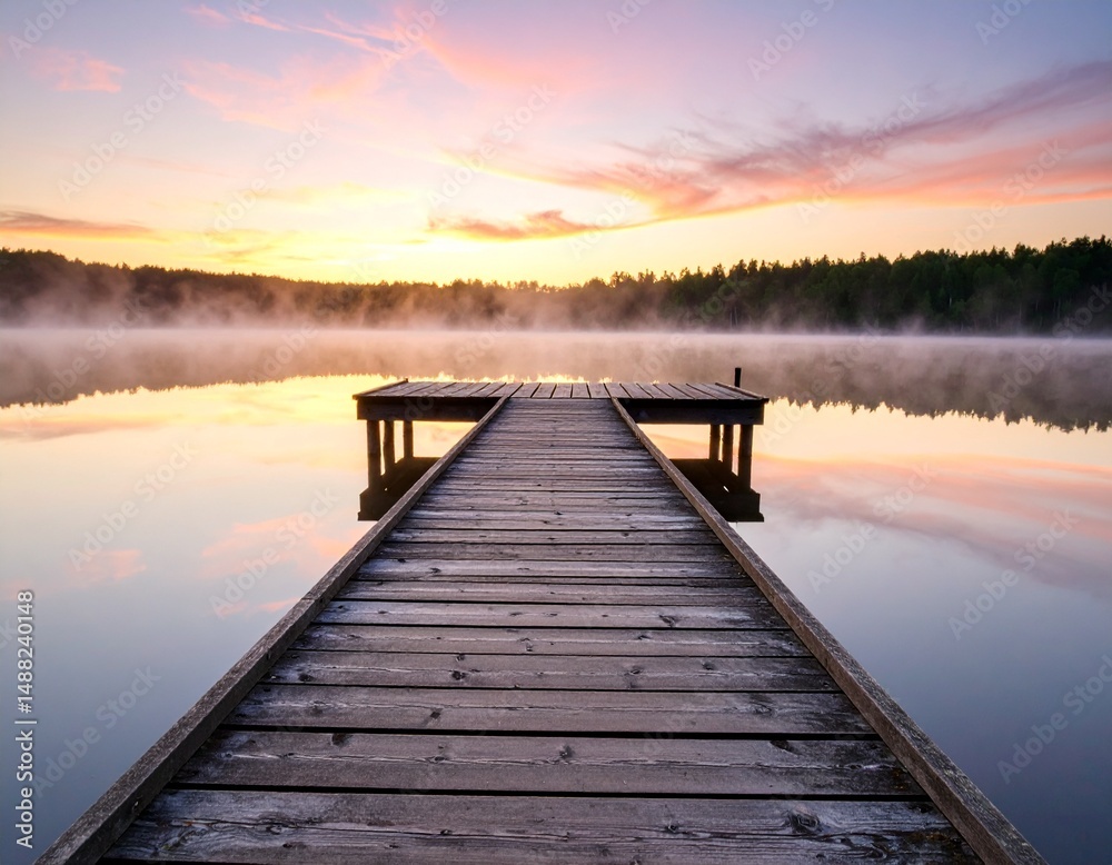 Obraz premium Old Wooden Dock Extending Over a Calm Lake at Sunrise,