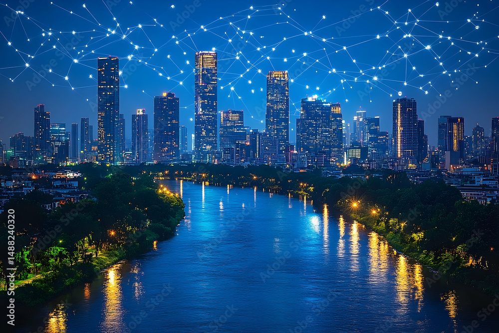 Naklejka premium Cityscape Illuminated skyscrapers reflect in a river, with a network overlay creating a futuristic vibe