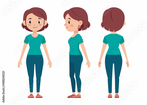 Teenage girl character set. Constructor for animation. Front, side and back view collection. Vector illustration.
