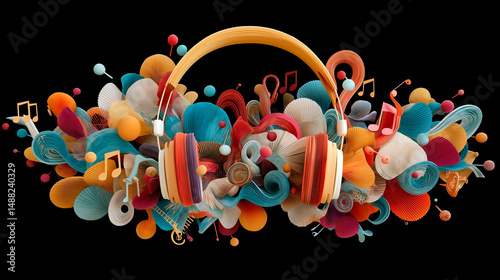 Vibrant 3D illustration of headphones surrounded by musical notes and abstract elements on black background for world music day