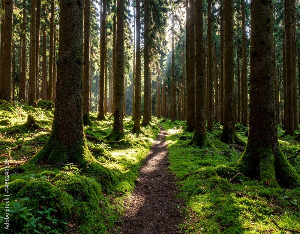 Fototapeta premium Moss-Covered Pathway Through a Dense Forest, Sunlight filtering through tall trees