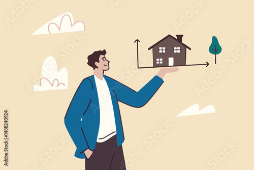 House and property investment, real estate price growth or mortgage calculation chart, buy or rent house decision concept, smart businessman property expertise presenting house pricing graph.