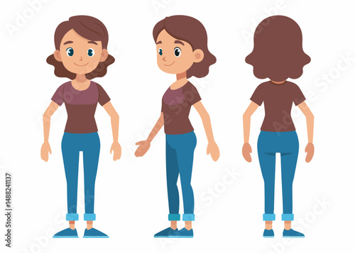 Teenage girl character set. Constructor for animation. Front, side and back view collection. Vector illustration.
