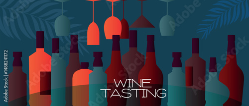 Wine tasting, beach party, dark sky background with palm leaves. Set of wine bottles, whiskey, rum, glasses, pub poster, restaurant menu