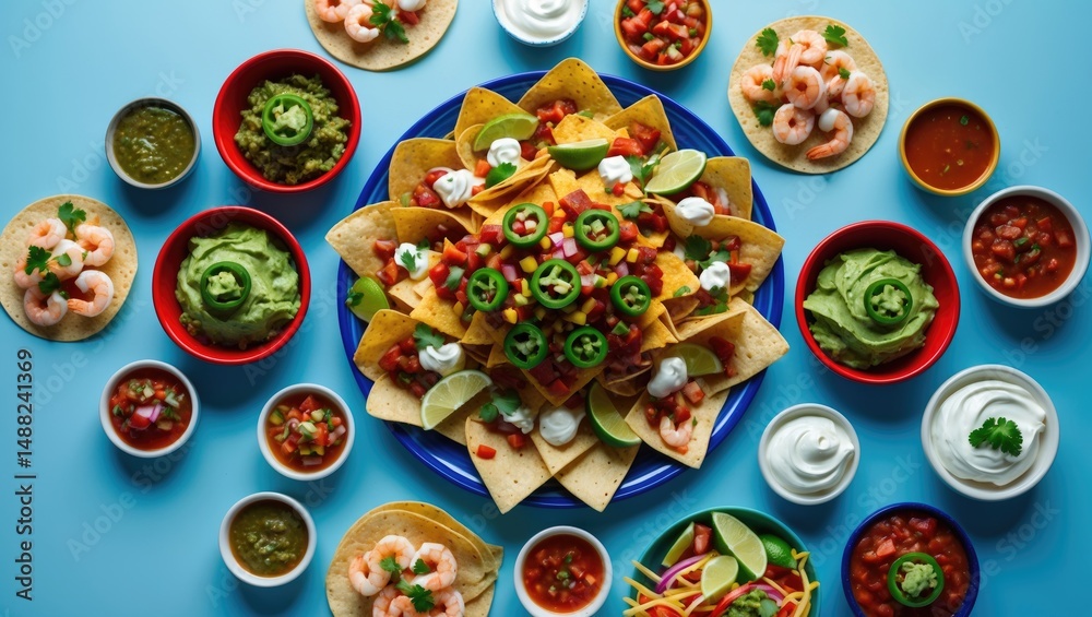 Fototapeta premium Mexican Snacks Displayed on a Blue Background