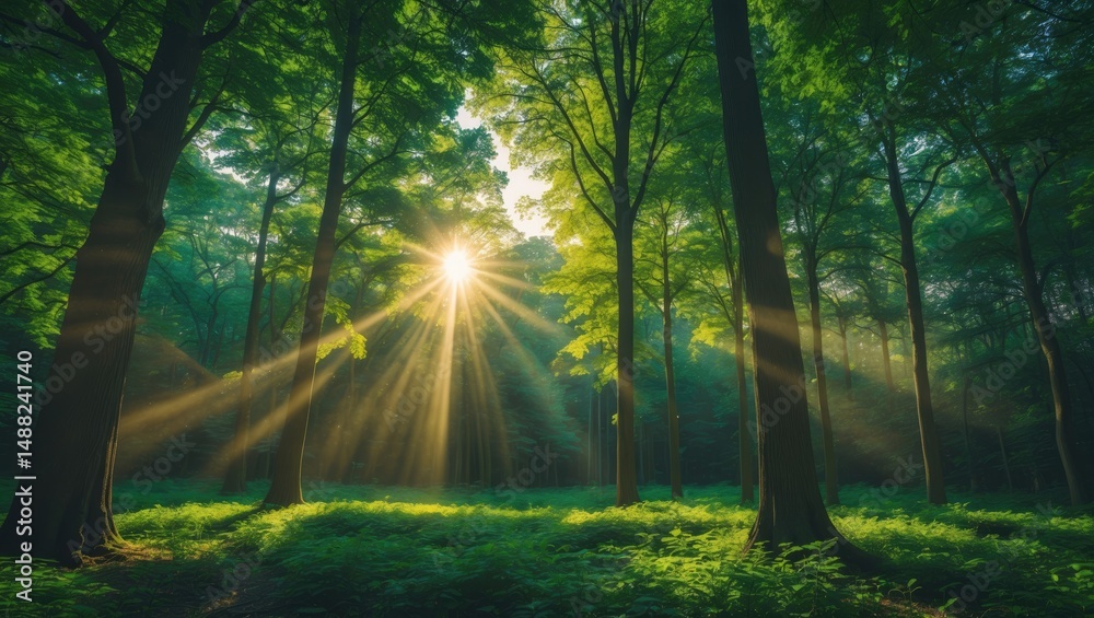 Obraz premium Outdoor view of trees in the woods captured with fisheye lens and light flare