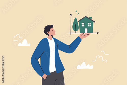 House and property investment, real estate price growth or mortgage calculation chart, buy or rent house decision concept, smart businessman property expertise presenting house pricing graph.