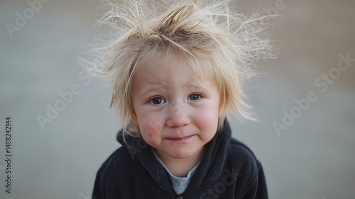 outside close camera looking kid funny hair blond emotions candid old year 1 baby cute portrait face smiling bpy Child children toddler fun family childhood lifestyle infant adorable authentic