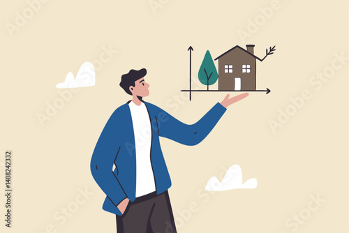 House and property investment, real estate price growth or mortgage calculation chart, buy or rent house decision concept, smart businessman property expertise presenting house pricing graph.