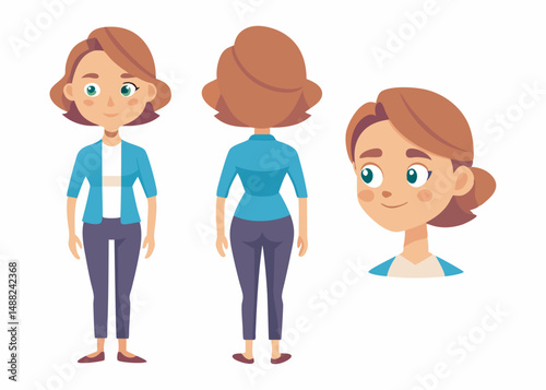Teenage girl character set. Constructor for animation. Front, side and back view collection. Vector illustration.

