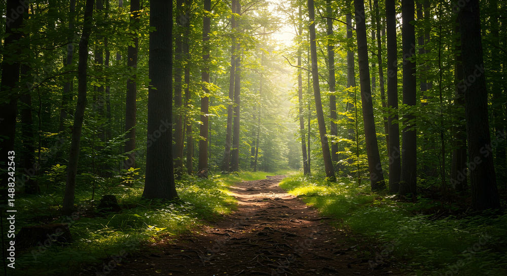 Obraz premium forest, woods, trees, Sunlit Path Through a Lush Green Forest