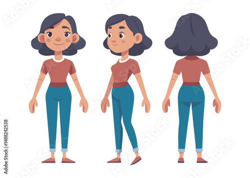 Teenage girl character set. Constructor for animation. Front, side and back view collection. Vector illustration.
