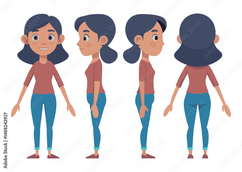 Fototapeta premium Teenage girl character set. Constructor for animation. Front, side and back view collection. Vector illustration. 