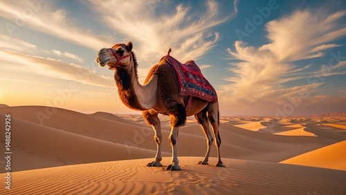 An isolated camel standing amidst desert sand dunes at sunset. Camel riding is a favored excursion.