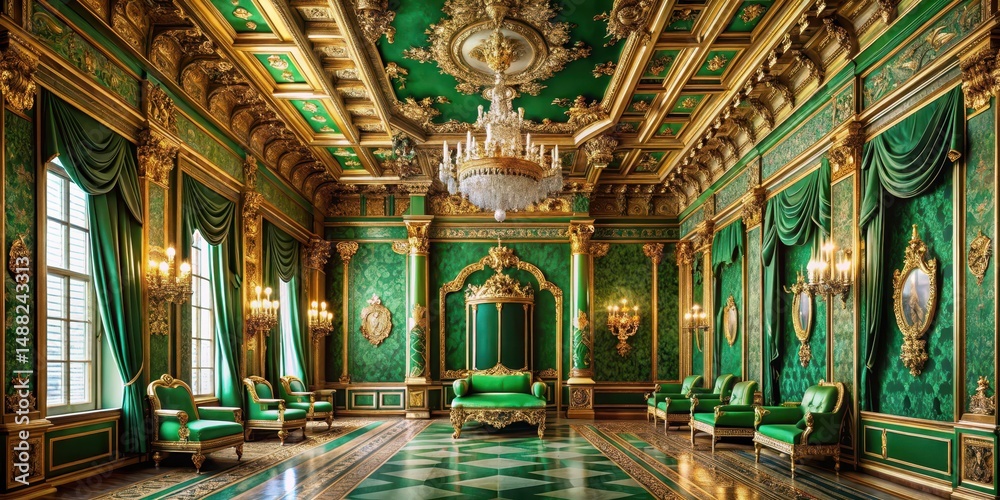 Fototapeta premium A majestic emerald green throne room with intricate golden accents and ornate carvings on the walls and ceiling, opulence, noble atmosphere