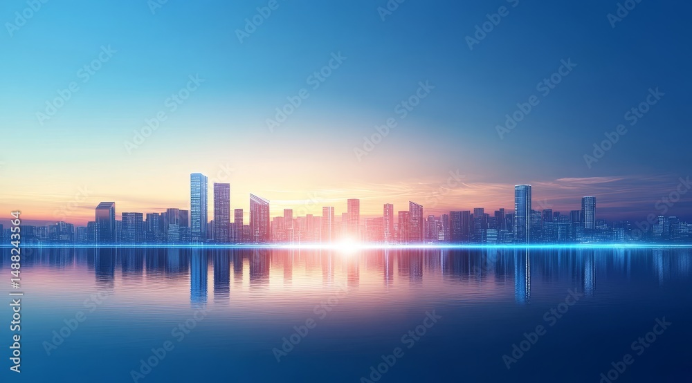 Fototapeta premium Cityscape Reflected in Water at Sunset