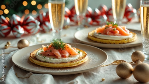 Christmas morning meal featuring crumpet French toast topped with salmon and crayfish photo
