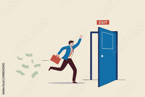 Escape or run away before market drop, market timing to sell and get profit, exit with money to avoid financial crisis concept, success businessman investor run away with his profit money to exit door