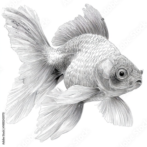 This artwork showcases a beautifully rendered goldfish in a serene underwater environment, capturing its delicate fins and intricate scales with precision