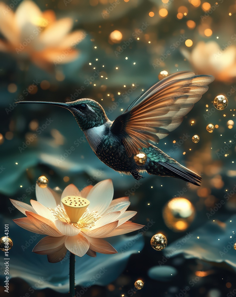 Naklejka premium Beautiful Hummingbird Dancing Over Blooming Lotus Flower in Garden
