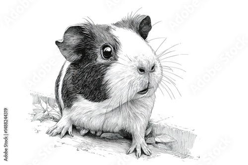 A captivating sketch features a guinea pig looking curiously at its surroundings while resting on a wooden ledge with green leaves nearby