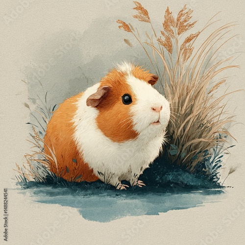 A guinea pig with orange and white fur curiously observes its surroundings amidst tall grasses in a serene outdoor setting during daylight