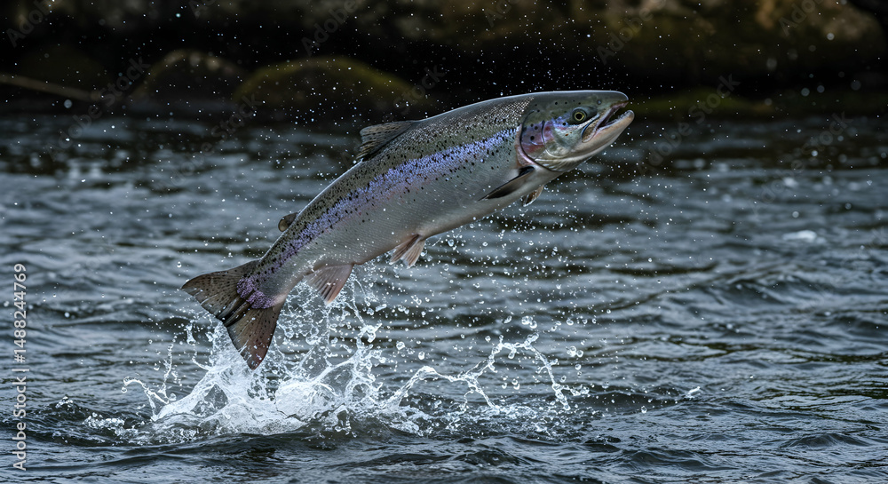 Fototapeta premium salmon, fish, jumping, Salmon leaping from water