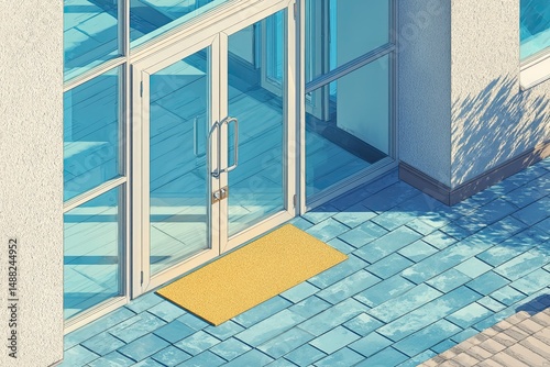 Brightly lit entrance features large glass doors opening onto blue stone pavement with a vibrant yellow doormat, creating an inviting atmosphere
