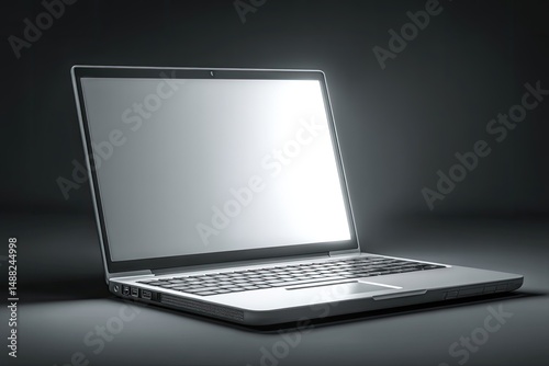 A sleek modern laptop is placed on a dark surface, illuminated softly from the front, highlighting its minimalist design and glowing screen in a low-light setting
